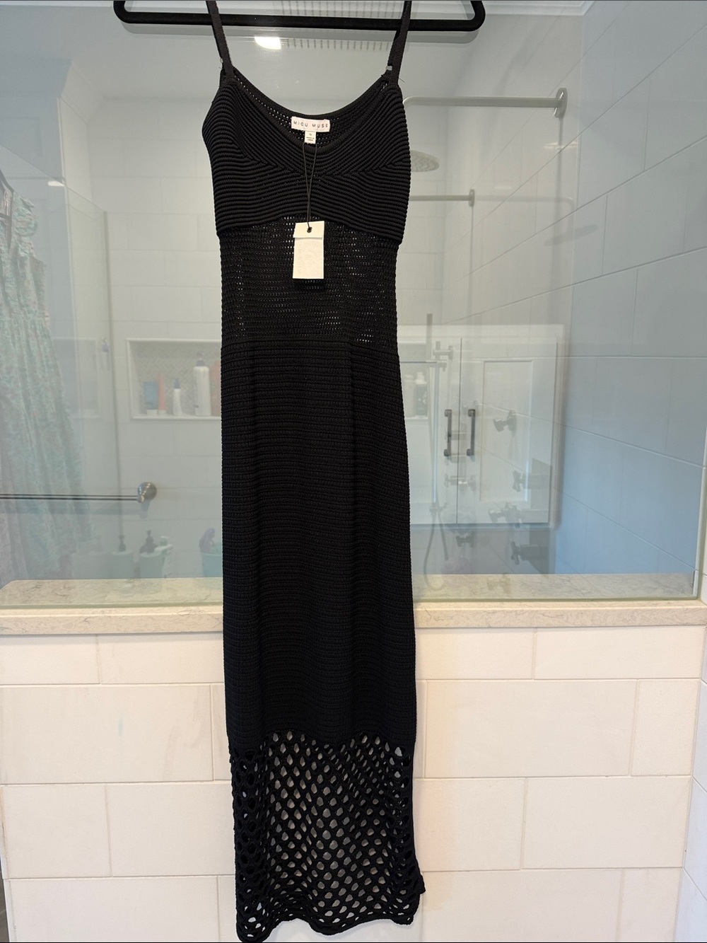 Miou Muse Black Crochet Maxi Dress with Spaghetti Straps